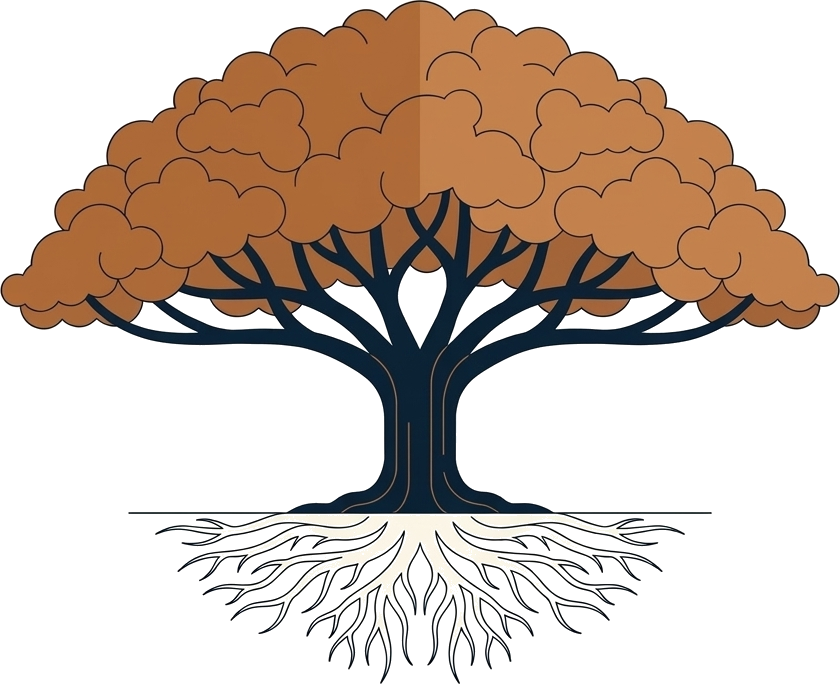 Illustration of a samán tree, roots, trunk, and canopy